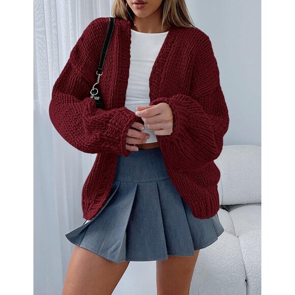 Womens Trendy Cardigan Sweaters Wine Red Long Sleeve Chunky Knit Outfits - Picture 6 of 8
